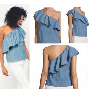 ALICE & OLIVIA One Shoulder Asymmetrical Ruffle Top in Light‎ Chambray